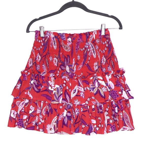 SUNDRY Floral Tiered Skirt Red Smocked Ruffle Lightweight Women's 1 / US S - Picture 4 of 14